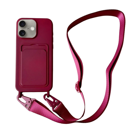 For iPhone 16 Card Slot Liquid Silicone Phone Case with Lanyard(Wine Red) - iPhone 16 Cases by buy2fix | Online Shopping UK | buy2fix