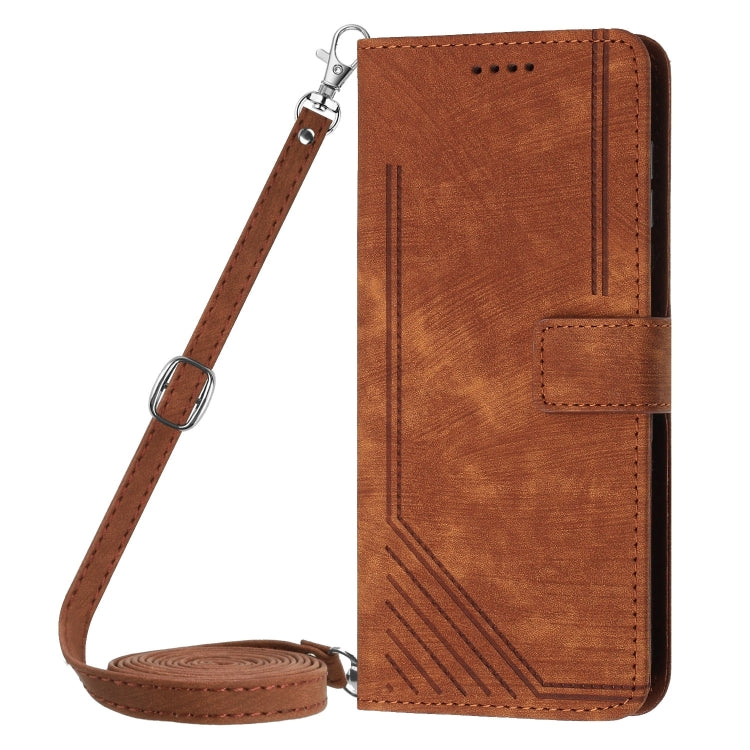 For Motorola Edge 50 Ultra Skin Feel Stripe Pattern Leather Phone Case with Long Lanyard(Brown) - Motorola Cases by buy2fix | Online Shopping UK | buy2fix