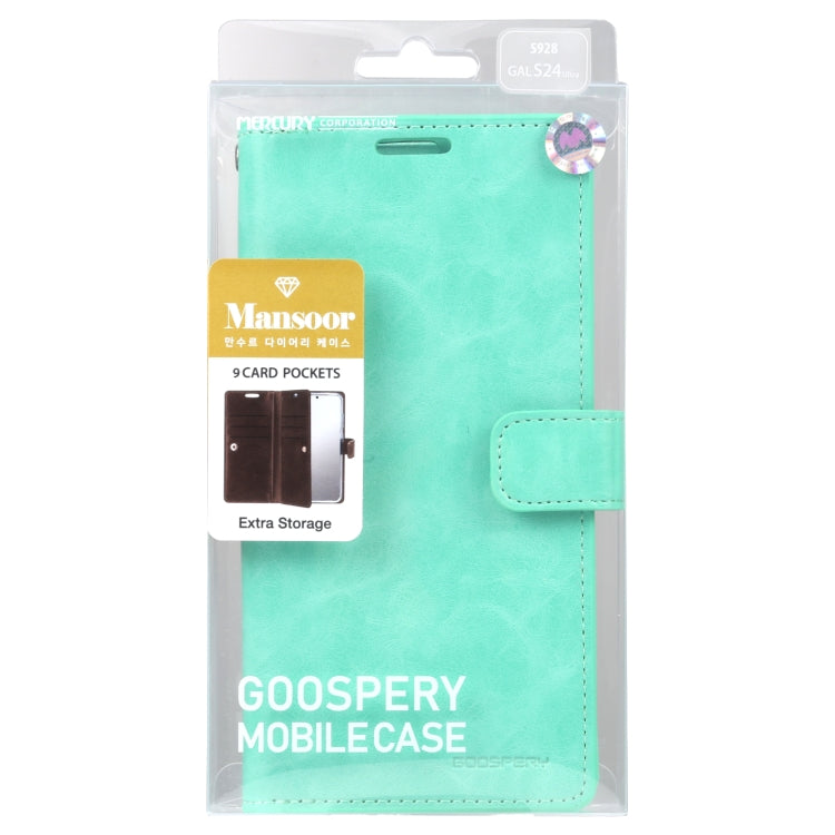 For Samsung Galaxy S24 Ultra 5G GOOSPERY MANSOOR DIARY 9 Card Slots Leather Phone Case(Mint Green) - Galaxy S24 Ultra 5G Cases by GOOSPERY | Online Shopping UK | buy2fix