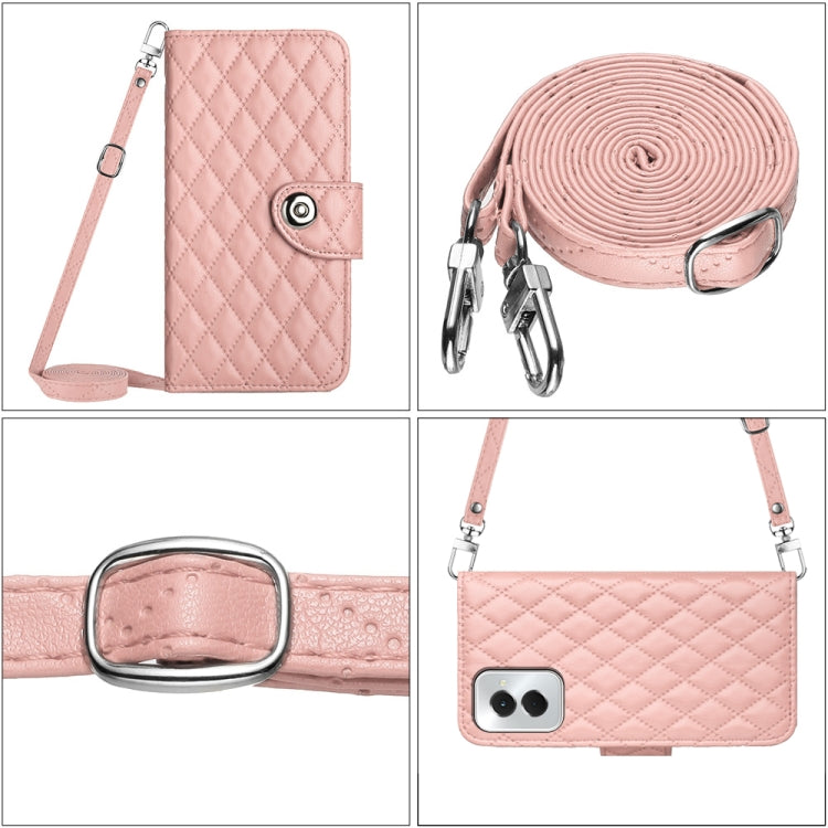 For Motorola Moto G Power 5G 2024 Rhombic Texture Flip Leather Phone Case with Long Lanyard(Coral Pink) - Motorola Cases by buy2fix | Online Shopping UK | buy2fix