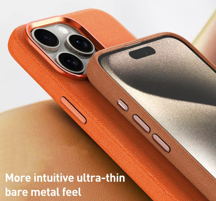 For iPhone 12 Pro Max Metal Lens Frame Leather Magsafe Full Coverage Shockproof Phone Case(Orange) - iPhone 12 Pro Max Cases by buy2fix | Online Shopping UK | buy2fix