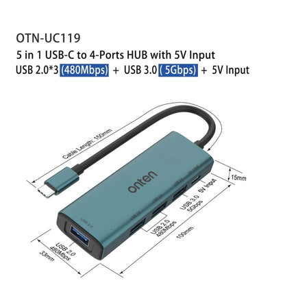 Onten UC119 5 in 1 USB-C / Type-C to USB 4-Ports USB HUB with 5V Input - USB HUB by Onten | Online Shopping UK | buy2fix