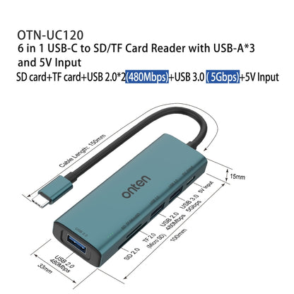 Onten UC120 6 in 1 USB-C to SD / TF Card Reader with 3-Ports USB HUB & 5V Input - USB HUB by Onten | Online Shopping UK | buy2fix