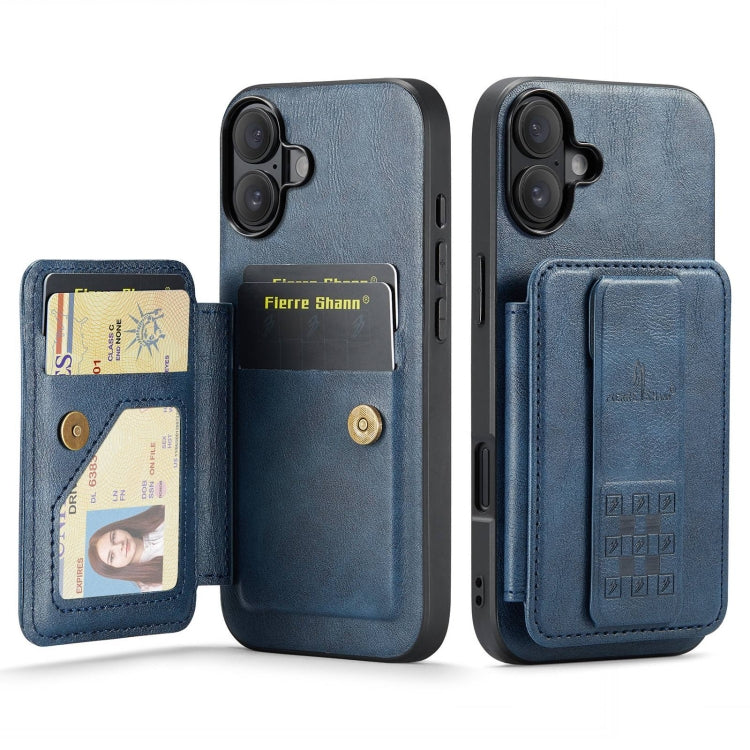 For iPhone 16 Plus Fierre Shann Oil Wax Cow Leather Card Holder Back Phone Case(Blue) - iPhone 16 Plus Cases by FIERRE SHANN | Online Shopping UK | buy2fix