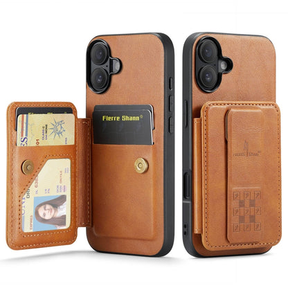 For iPhone 16 Fierre Shann Oil Wax Cow Leather Card Holder Back Phone Case(Brown) - iPhone 16 Cases by FIERRE SHANN | Online Shopping UK | buy2fix