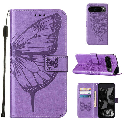 For Google Pixel 9 Pro Embossed Butterfly Leather Phone Case(Purple) - Google Cases by buy2fix | Online Shopping UK | buy2fix