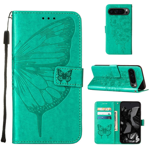 For Google Pixel 9 Pro Embossed Butterfly Leather Phone Case(Green) - Google Cases by buy2fix | Online Shopping UK | buy2fix