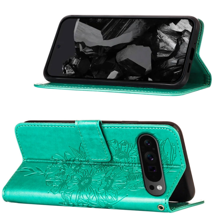 For Google Pixel 9 Pro Embossed Butterfly Leather Phone Case(Green) - Google Cases by buy2fix | Online Shopping UK | buy2fix