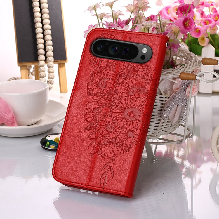 For Google Pixel 9 Pro Embossed Butterfly Leather Phone Case(Red) - Google Cases by buy2fix | Online Shopping UK | buy2fix