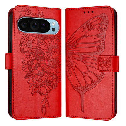 For Google Pixel 9 Pro XL Embossed Butterfly Leather Phone Case(Red) - Google Cases by buy2fix | Online Shopping UK | buy2fix