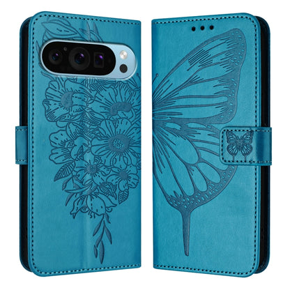 For Google Pixel 9 Pro XL Embossed Butterfly Leather Phone Case(Blue) - Google Cases by buy2fix | Online Shopping UK | buy2fix