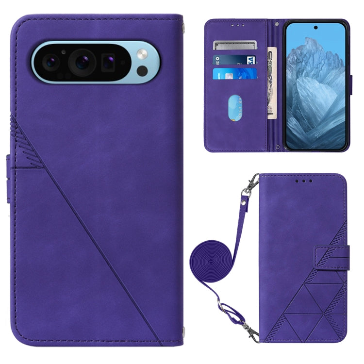 For Google Pixel 9 Crossbody 3D Embossed Flip Leather Phone Case(Purple) - Google Cases by buy2fix | Online Shopping UK | buy2fix