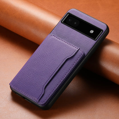 For Google Pixel 6a Calf Texture Card Bag Design Full Coverage Phone Case(Purple) - Google Cases by buy2fix | Online Shopping UK | buy2fix