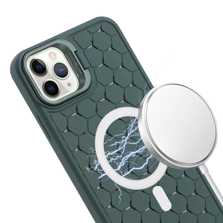 For iPhone 15 Pro Honeycomb Radiating Lens Holder Magsafe Phone Case with Lanyard(Green) - iPhone 15 Pro Cases by buy2fix | Online Shopping UK | buy2fix