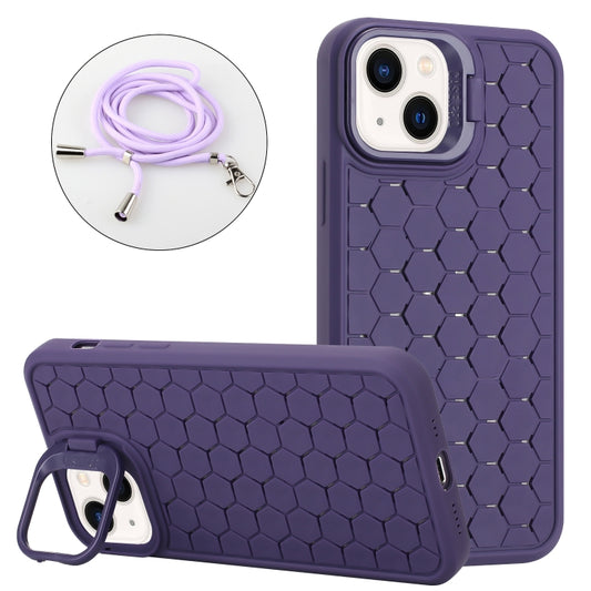 For iPhone 15 Plus Honeycomb Radiating Lens Holder Magsafe Phone Case with Lanyard(Purple) - iPhone 15 Plus Cases by buy2fix | Online Shopping UK | buy2fix