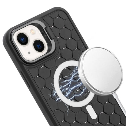 For iPhone 13 Honeycomb Radiating Lens Holder Magsafe Phone Case with Lanyard(Black) - iPhone 13 Cases by buy2fix | Online Shopping UK | buy2fix