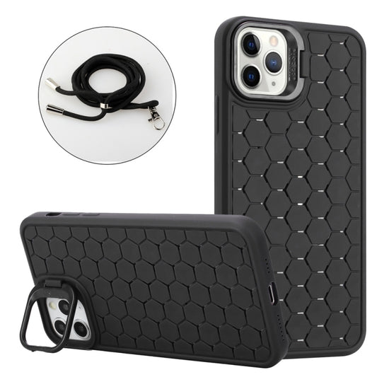 For iPhone 16 Pro Max Honeycomb Radiating Lens Holder Magsafe Phone Case with Lanyard(Black) - iPhone 16 Pro Max Cases by buy2fix | Online Shopping UK | buy2fix