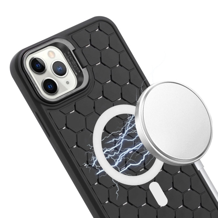 For iPhone 16 Pro Max Honeycomb Radiating Lens Holder Magsafe Phone Case with Lanyard(Black) - iPhone 16 Pro Max Cases by buy2fix | Online Shopping UK | buy2fix