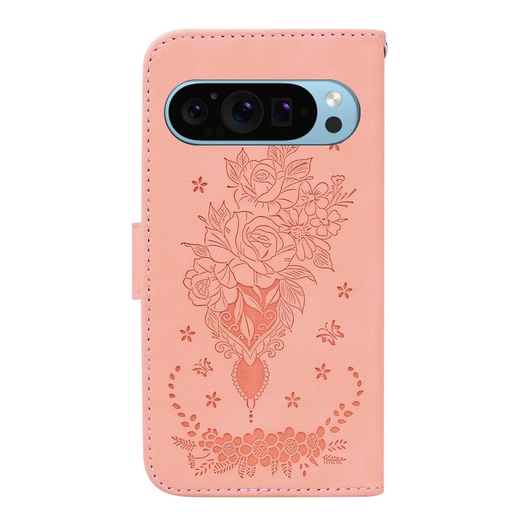 For Google Pixel 9 Pro Butterfly Rose Embossed Leather Phone Case(Pink) - Google Cases by buy2fix | Online Shopping UK | buy2fix