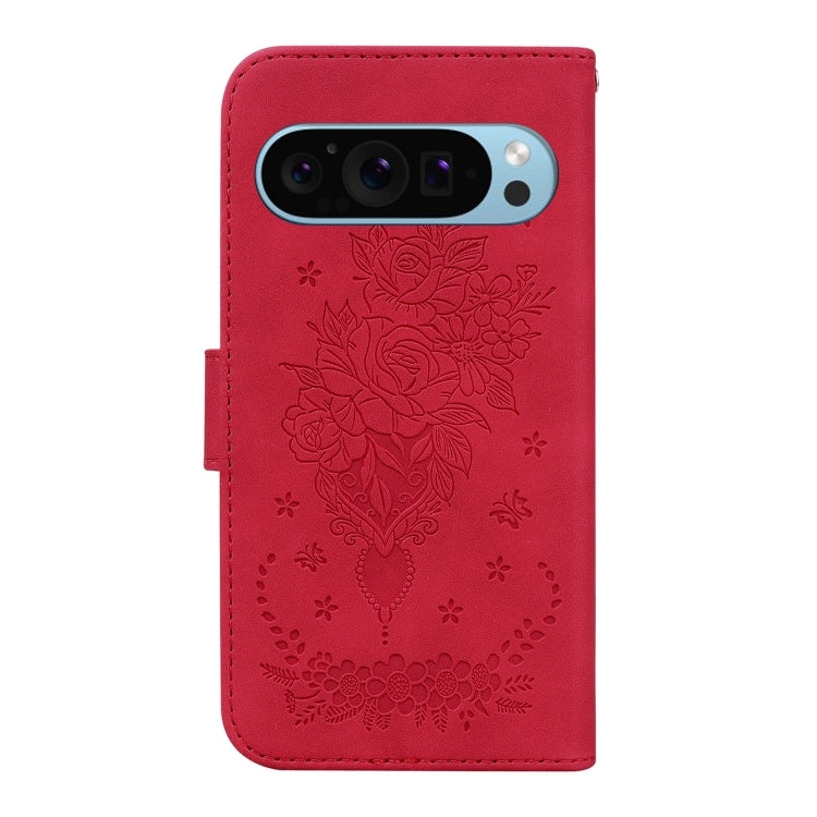 For Google Pixel 9 Butterfly Rose Embossed Leather Phone Case(Red) - Google Cases by buy2fix | Online Shopping UK | buy2fix