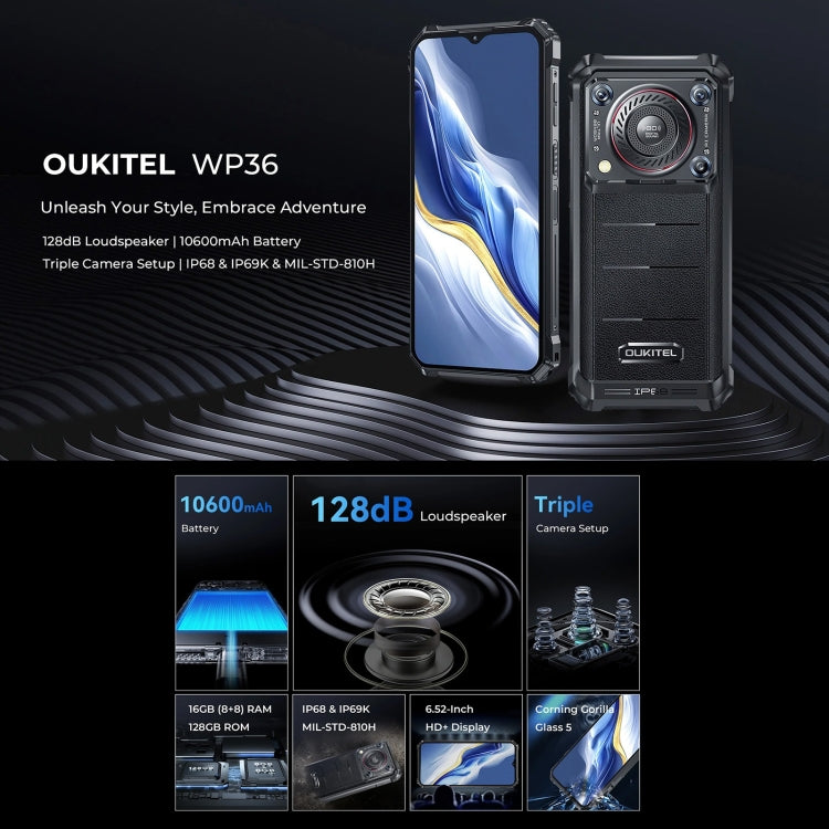 [HK Warehouse] Oukitel WP36, 8GB+128GB, IP68/IP69K, Fingerprint Identification, 10600mAh, 6.52 inch MediaTek MT8788 Octa Core, NFC, OTG, Network: 4G(Black) - Other by OUKITEL | Online Shopping UK | buy2fix