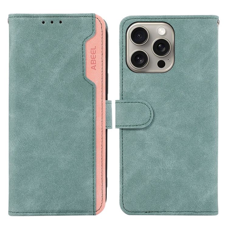 For iPhone 16 Pro ABEEL Color Block Magnetic RFID Leather Phone Case(Cyan-Pink) - iPhone 16 Pro Cases by buy2fix | Online Shopping UK | buy2fix