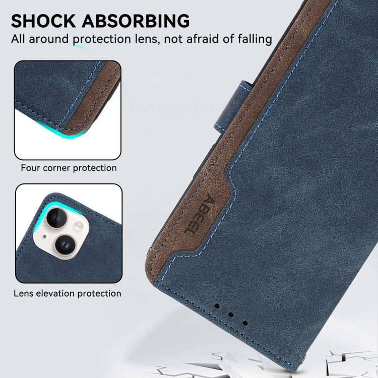 For iPhone 16 Plus ABEEL Color Block Magnetic RFID Leather Phone Case(Blue-Brown) - iPhone 16 Plus Cases by buy2fix | Online Shopping UK | buy2fix