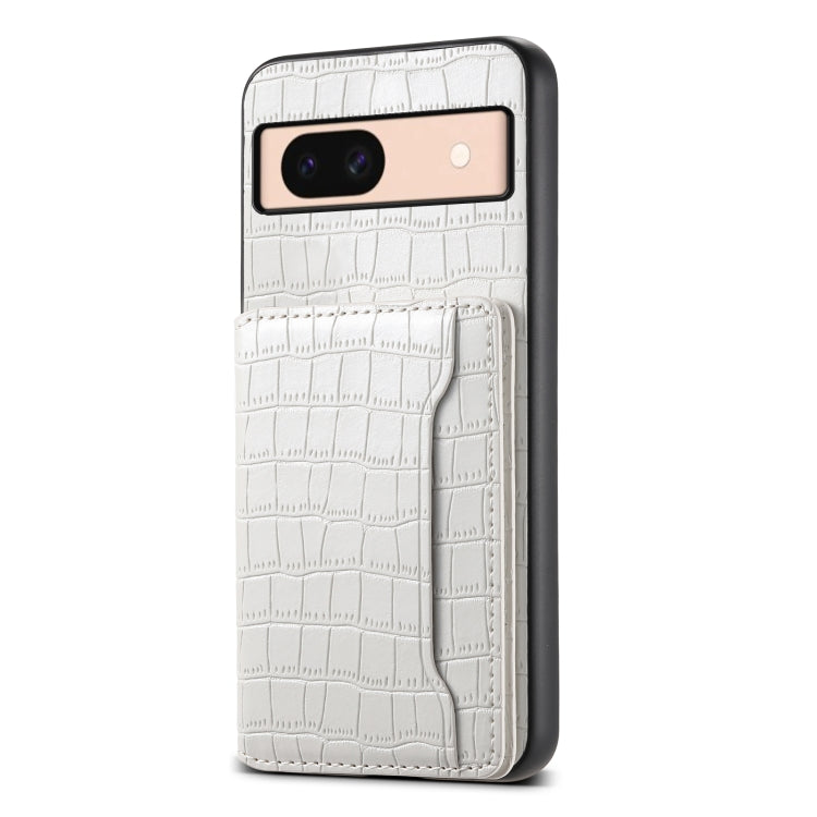 For Google Pixel 8a Crocodile Texture Card Bag Design Full Coverage Phone Case(White) - Google Cases by buy2fix | Online Shopping UK | buy2fix