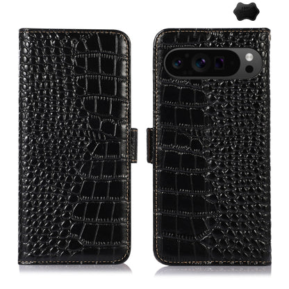 For Google Pixel 9 Pro Crocodile Top Layer Cowhide Leather Phone Case(Black) - Google Cases by buy2fix | Online Shopping UK | buy2fix