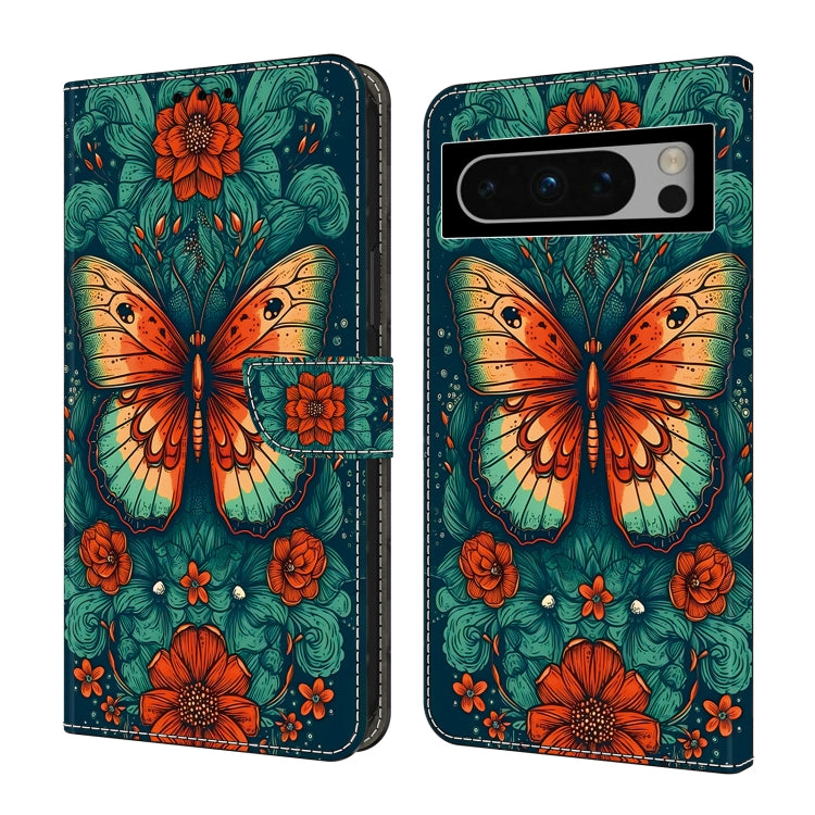 For Google Pixel 9 Crystal Painted Leather Phone case(Flower Butterfly) - Google Cases by buy2fix | Online Shopping UK | buy2fix