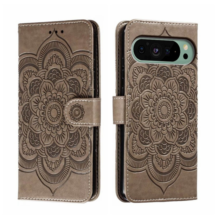 For Google Pixel 9 Sun Mandala Embossing Pattern Phone Leather Case(Grey) - Google Cases by buy2fix | Online Shopping UK | buy2fix