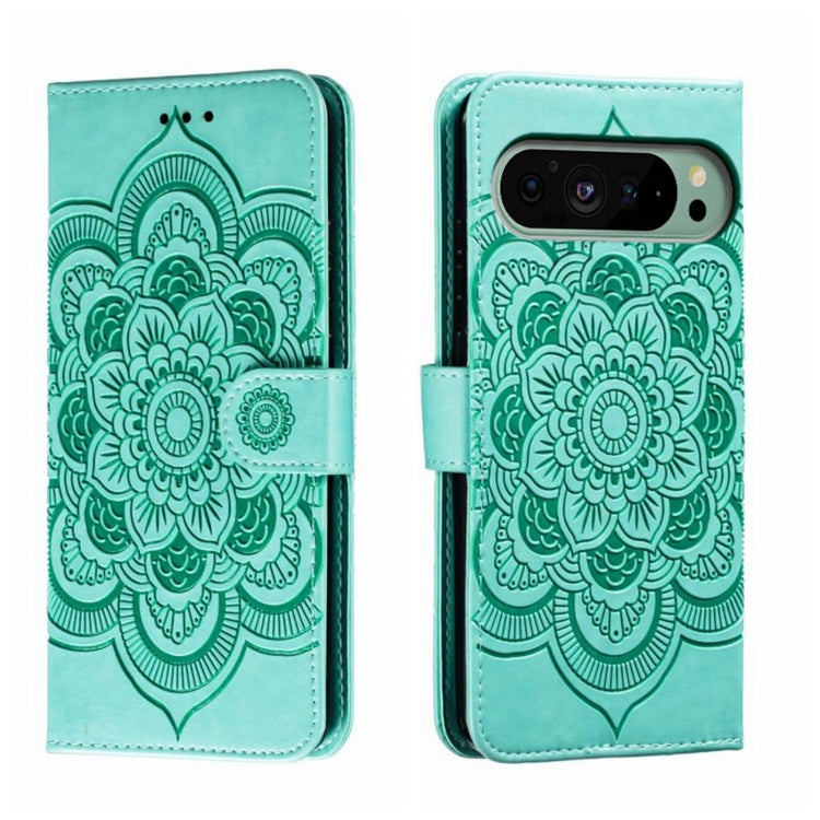 For Google Pixel 9 Sun Mandala Embossing Pattern Phone Leather Case(Green) - Google Cases by buy2fix | Online Shopping UK | buy2fix