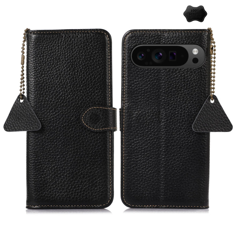 For Google Pixel 9 Pro Genuine Leather Litchi Texture RFID Leather Phone Case(Black) - Google Cases by buy2fix | Online Shopping UK | buy2fix