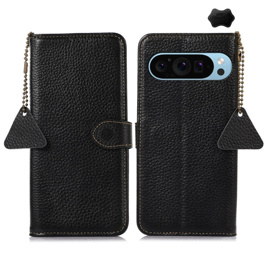 For Google Pixel 9 Genuine Leather Litchi Texture RFID Leather Phone Case(Black) - Google Cases by buy2fix | Online Shopping UK | buy2fix