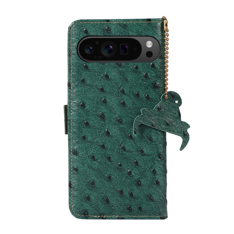 For Google Pixel 9 Pro Ostrich Pattern Genuine Leather RFID Phone Case(Green) - Google Cases by buy2fix | Online Shopping UK | buy2fix