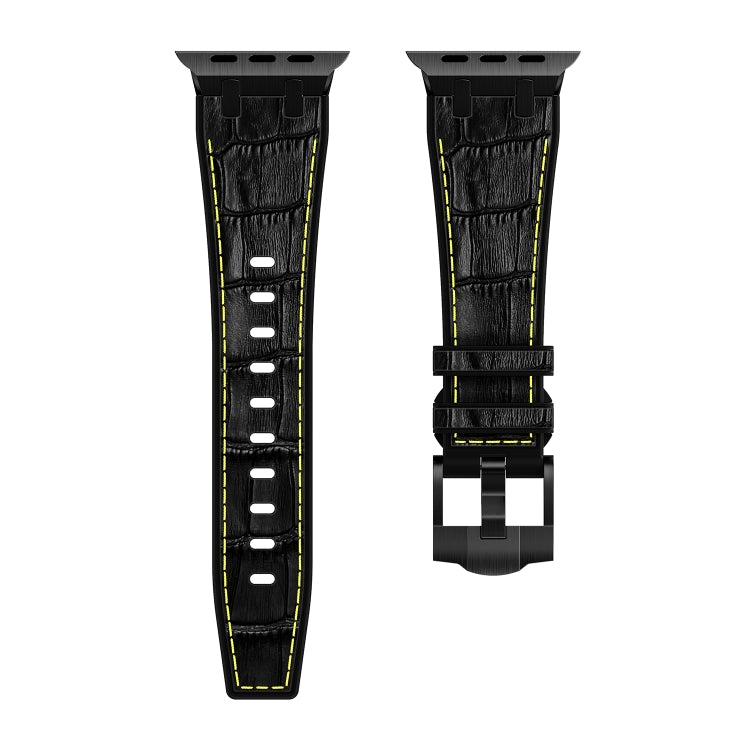 For Apple Watch SE 2022 44mm Crocodile Texture Liquid Silicone Watch Band(Black Yellow Black) - Watch Bands by buy2fix | Online Shopping UK | buy2fix