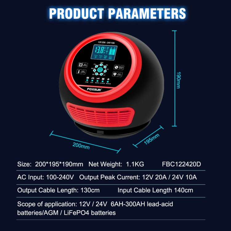 FOXSUR 20A 12V 24V Car / Motorcycle Smart Battery Charger, Plug Type:UK Plug(Red) - Battery Charger by FOXSUR | Online Shopping UK | buy2fix