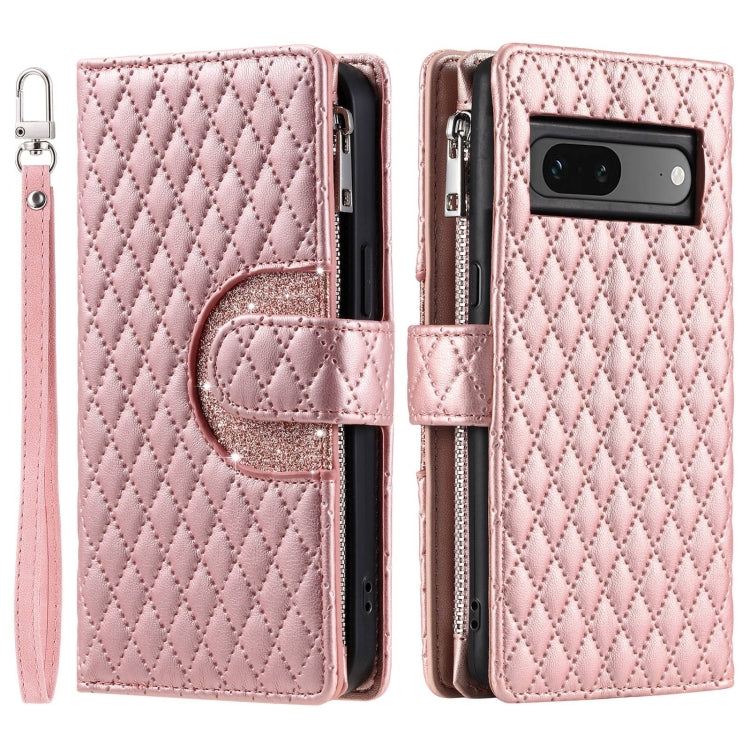 For Google Pixel 7 5G Glitter Lattice Zipper Wallet Leather Phone Case(Rose Gold) - Google Cases by buy2fix | Online Shopping UK | buy2fix