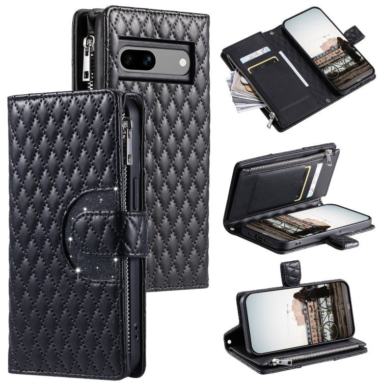 For Google Pixel 7a Glitter Lattice Zipper Wallet Leather Phone Case(Black) - Google Cases by buy2fix | Online Shopping UK | buy2fix