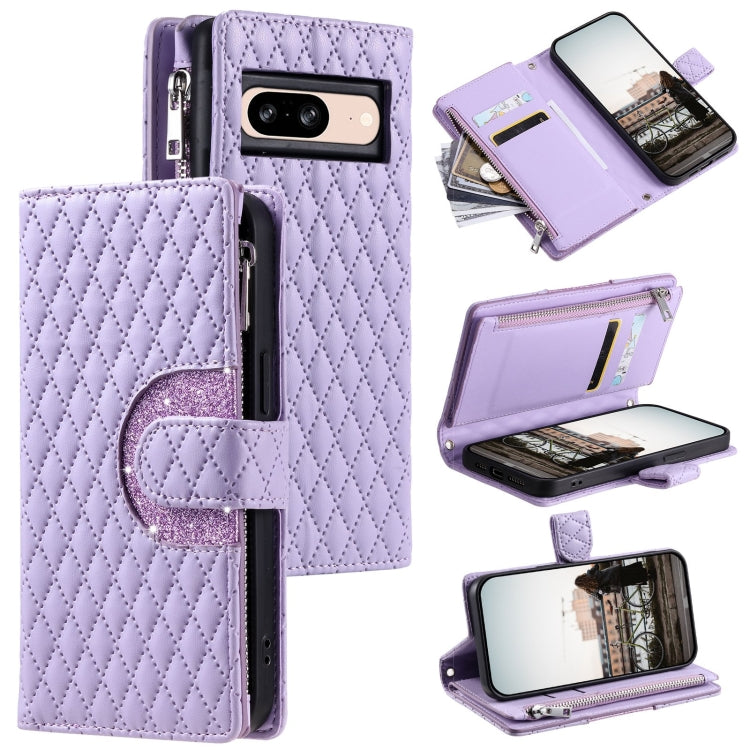 For Google Pixel 8 Glitter Lattice Zipper Wallet Leather Phone Case(Purple) - Google Cases by buy2fix | Online Shopping UK | buy2fix