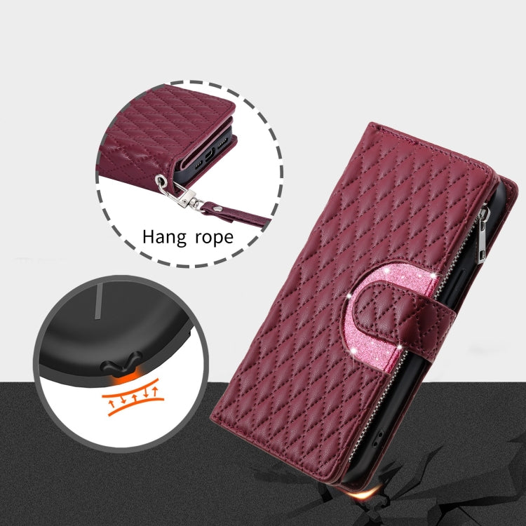 For Google Pixel 8 Pro Glitter Lattice Zipper Wallet Leather Phone Case(Wine Red) - Google Cases by buy2fix | Online Shopping UK | buy2fix