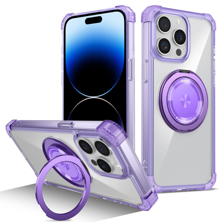 For iPhone 14 Pro Max Gold Shield CD Pattern MagSafe Magnetic Phone Case with Rotating Stand(Transparent Purple) - iPhone 14 Pro Max Cases by buy2fix | Online Shopping UK | buy2fix