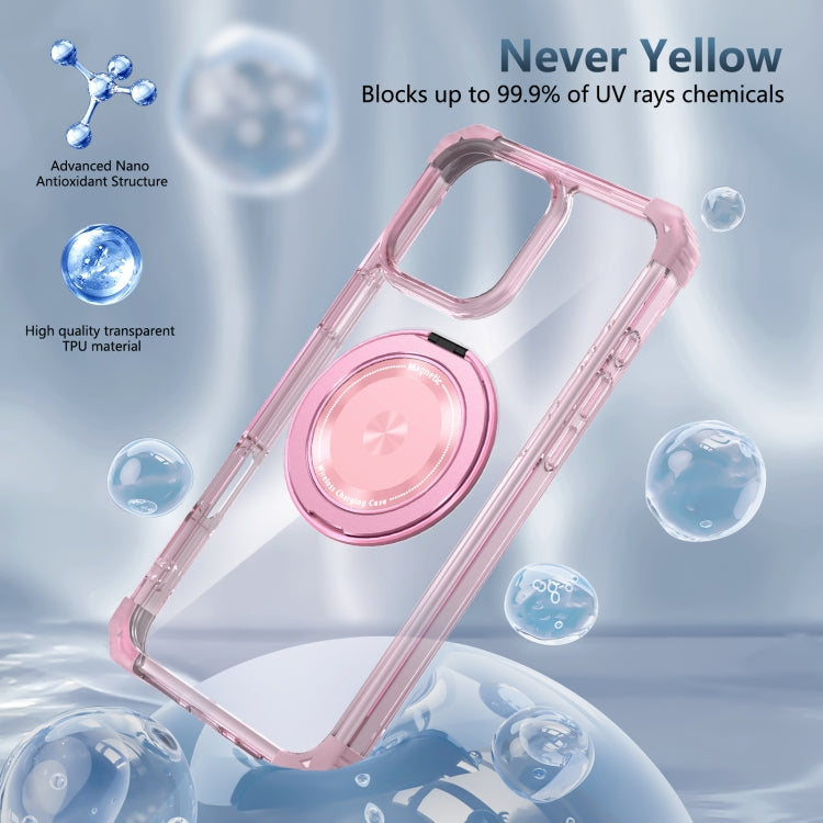 For iPhone 16 Pro Gold Shield CD Pattern MagSafe Magnetic Phone Case with Rotating Stand(Transparent Pink) - iPhone 16 Pro Cases by buy2fix | Online Shopping UK | buy2fix