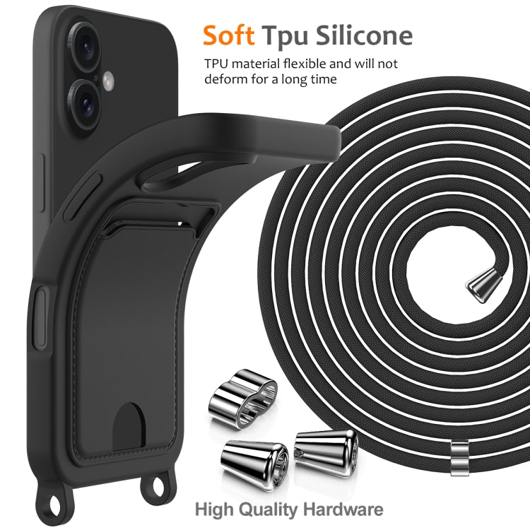 For iPhone 16 Plus Integrated Card Bag Solid Color Liquid Silicone Phone Case with Lanyard(Black) - iPhone 16 Plus Cases by buy2fix | Online Shopping UK | buy2fix