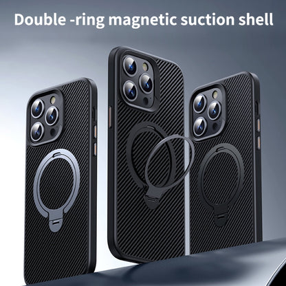 For iPhone 15 Pro Double Ring MagSafe Holder Carbon Fibre Phone Case(Silver) - iPhone 15 Pro Cases by buy2fix | Online Shopping UK | buy2fix