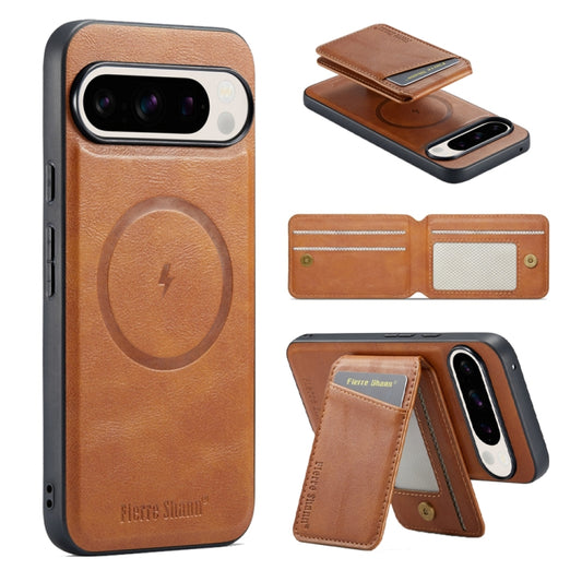 For Google Pixel 9 Pro Fierre Shann Oil Wax Cow Leather Magnetic Card Holder Phone Case(Brown) - Google Cases by FIERRE SHANN | Online Shopping UK | buy2fix