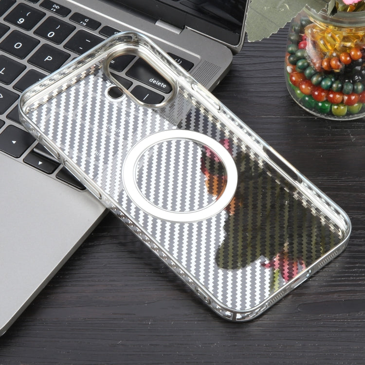 For iPhone 16 Plus 6D Plated Carbon Fiber Clear Magsafe PC Phone Case(Starlight Silver) - iPhone 16 Plus Cases by buy2fix | Online Shopping UK | buy2fix