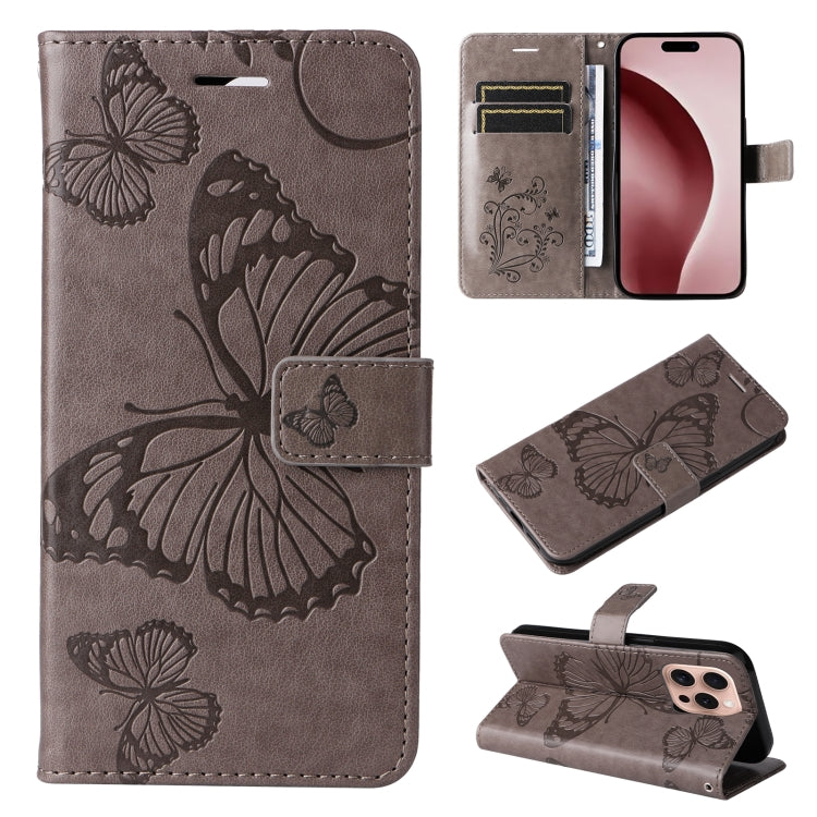 For iPhone 16 Pro 3D Butterfly Embossed Pattern Flip Leather Phone Case(Grey) - iPhone 16 Pro Cases by buy2fix | Online Shopping UK | buy2fix