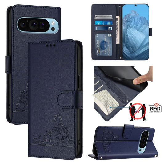 For Google Pixel 9 / 9 Pro Cat Rat Embossed Pattern RFID Leather Phone Case with Lanyard(Blue) - Google Cases by buy2fix | Online Shopping UK | buy2fix