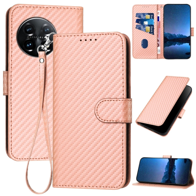 For OnePlus 11 YX0070 Carbon Fiber Buckle Leather Phone Case with Lanyard(Pink) - OnePlus Cases by buy2fix | Online Shopping UK | buy2fix